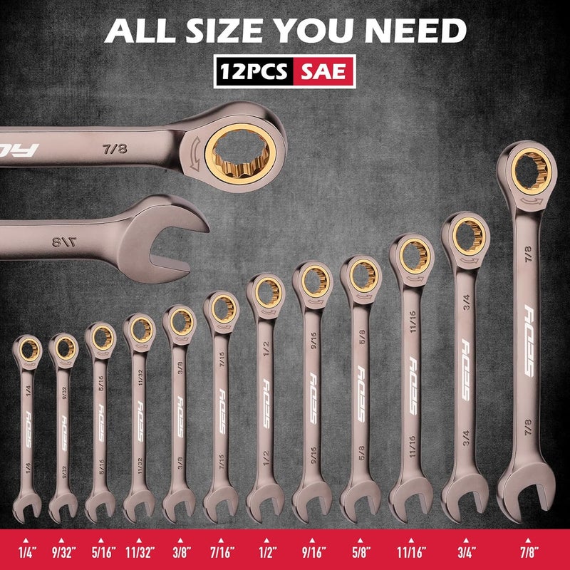 SEDY Premium 12-Piece SAE Ratchet Wrenches Set with Magnetic Organizer 1/4"-7/8", 72-Tooth Ratcheting Wrench Set, Cr-V Steel Ratchet Combination Wrench Set for Automotive, Machine Repair - Image 2